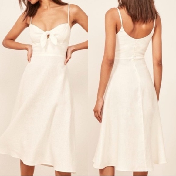 Reformation Dresses & Skirts - Reformation Clara 100% Linen Midi Dress Off White Cream Bow Tie Front 6
